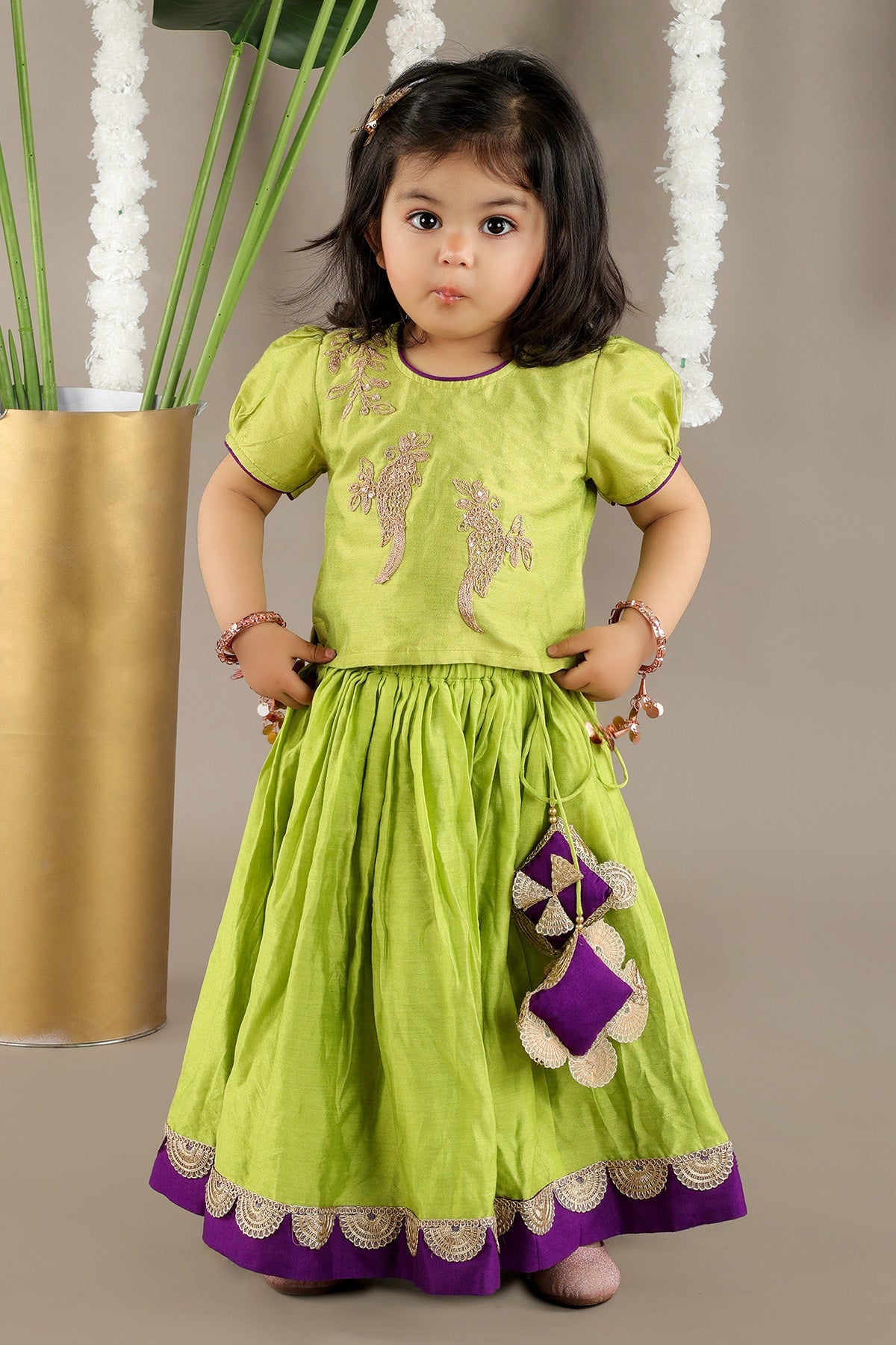 Buy Green Bird Lace Work Lehenga Set by Little Brats for Girl online at ScrollnShops